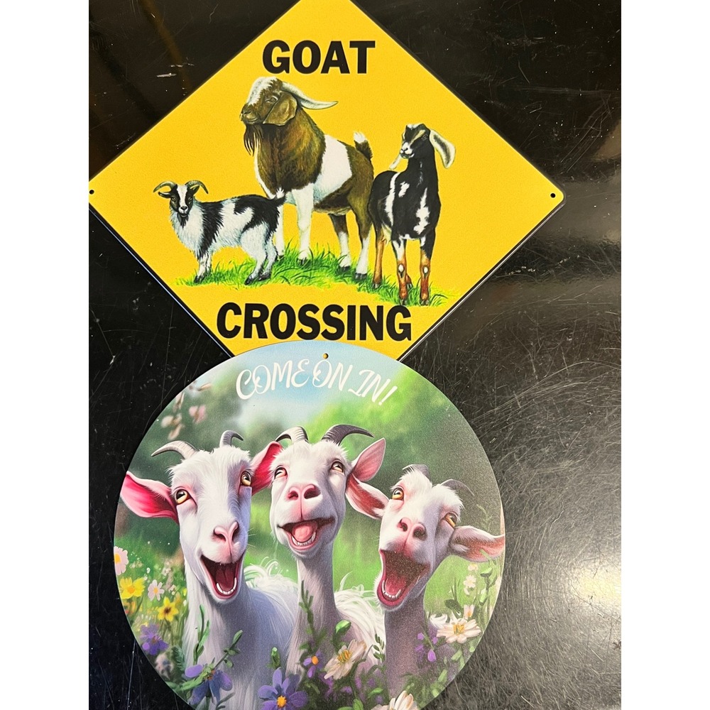Funny Goat‎ Crossing Sign & Round Plate Set Metal Tin Wall Art Decor Home Barn
